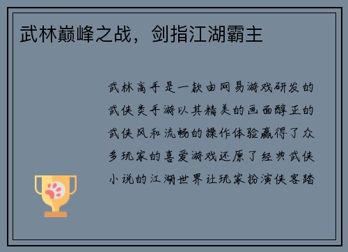 武林巅峰之战，剑指江湖霸主
